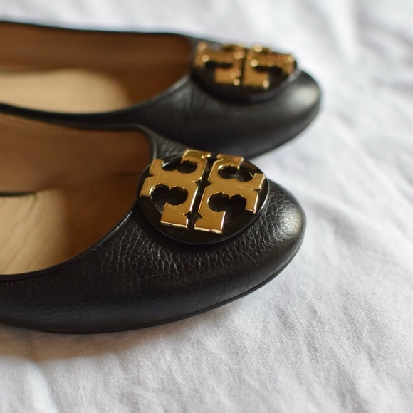 Tory Burch Chelsea Ballet Flat Tumbled Leather Perfect Black Gold - Picture 5 of 11